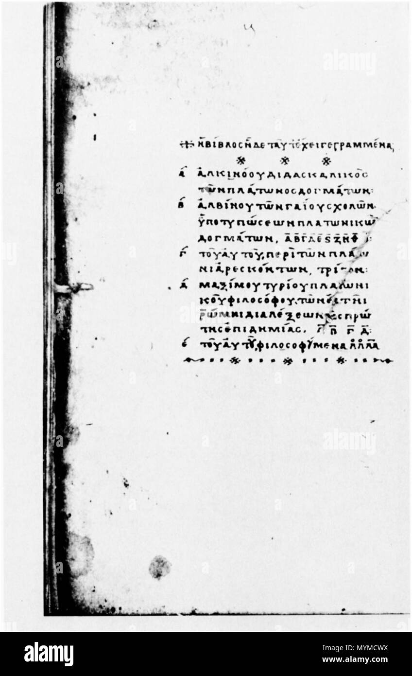 . English: 9th century manuscript Parisinus graecus 1962, fol. 146v with text by Alcinous. 9th century. Alcinous 409 Paris. Gr. 1962, fol. 146v Stock Photo