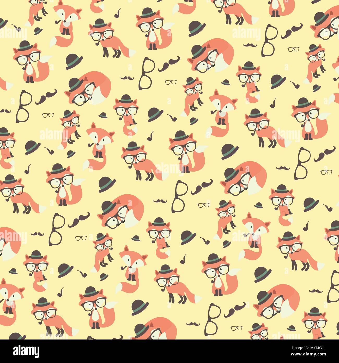 Vector cute cartoon fox seamless pattern. Orange fox's head on pastel ...
