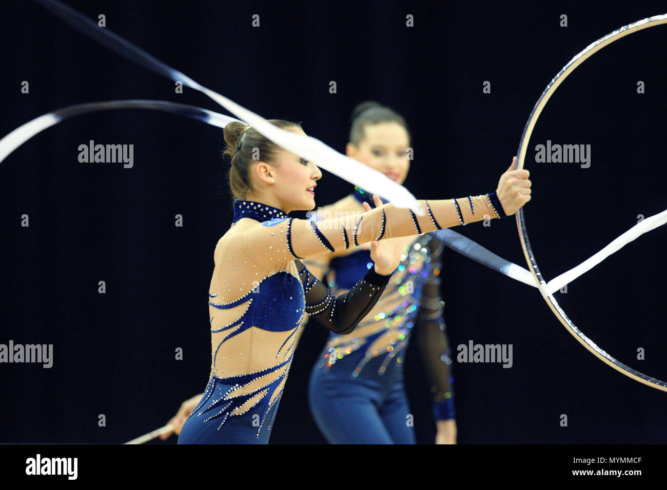 Visa Federation of International Gymnastics (FIG) - The team from France perform with the Ribbon and Hoop during the Women's Group Rhythmic Final Olympic qualification event at the O2 Arena London 18 January 2012 --- Image by © Paul Cunningham Stock Photo