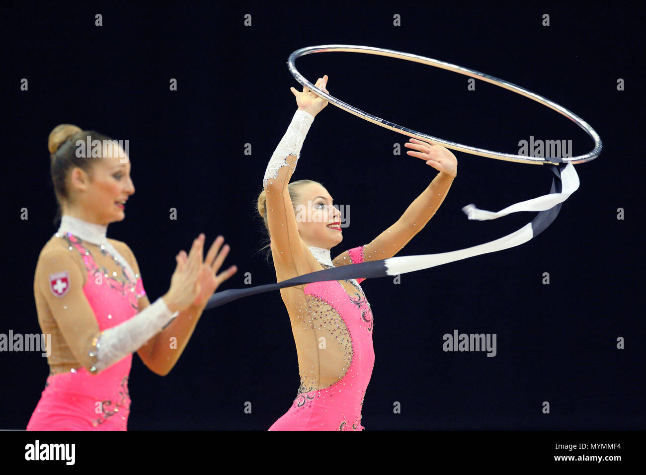 Visa Federation of International Gymnastics (FIG) - The team from Switzerland perform with the Ribbon and Hoop during the Women's Group Rhythmic Final Olympic qualification event at the O2 Arena London 18 January 2012 --- Image by © Paul Cunningham Stock Photo