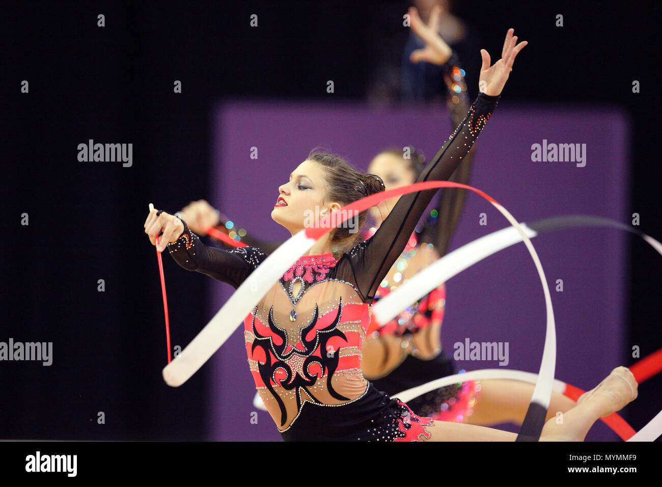 Visa Federation of International Gymnastics (FIG) - The team from Greece perform with the Ribbon and Hoop during the Women's Group Rhythmic Final Olympic qualification event at the O2 Arena London 18 January 2012 --- Image by © Paul Cunningham Stock Photo