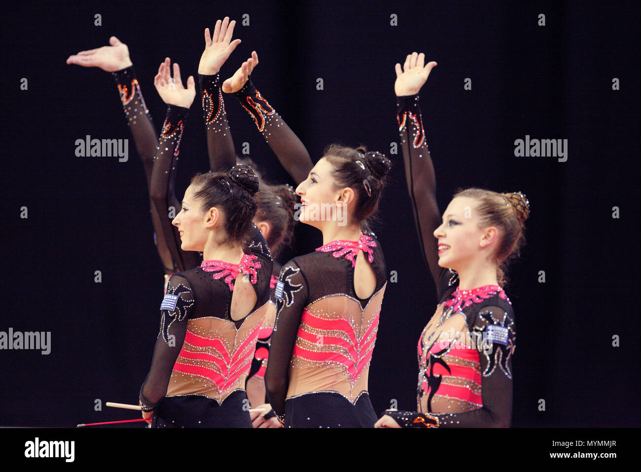 Visa Federation of International Gymnastics (FIG) - The team from Greece perform with the Ribbon and Hoop during the Women's Group Rhythmic Final Olympic qualification event at the O2 Arena London 18 January 2012 --- Image by © Paul Cunningham Stock Photo