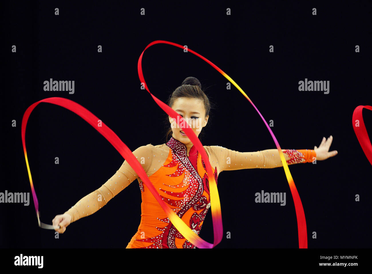 Visa Federation of International Gymnastics (FIG) - Yun Hee Gim of Korea performs with the Ribbon during the Women's Rhythmic Olympic qualification event at the O2 Arena London 17 January 2012 --- Image by © Paul Cunningham Stock Photo