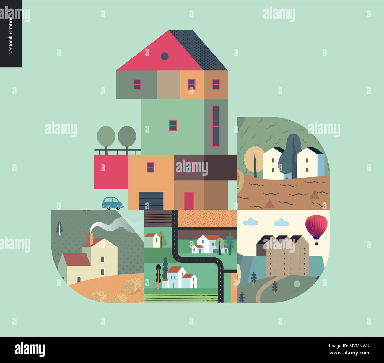 Simple things - houses - flat cartoon vector illustration of countryside house, isolated building, tower, treehouse with ladder, row of townhouses, to Stock Vector