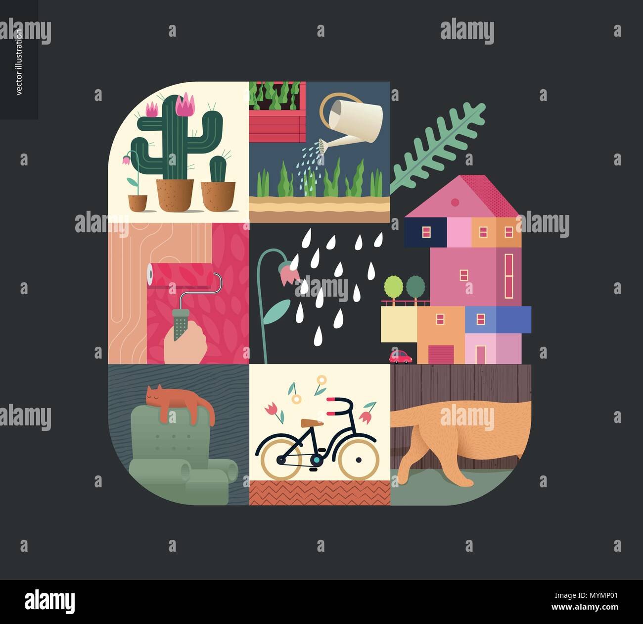 Simple Things Home Flat Cartoon Vector Illustration Of Countryside House Paint Roller Sleeping Cat Bicycle Gardening Cactus Kitten Tail Tul Stock Vector Image Art Alamy