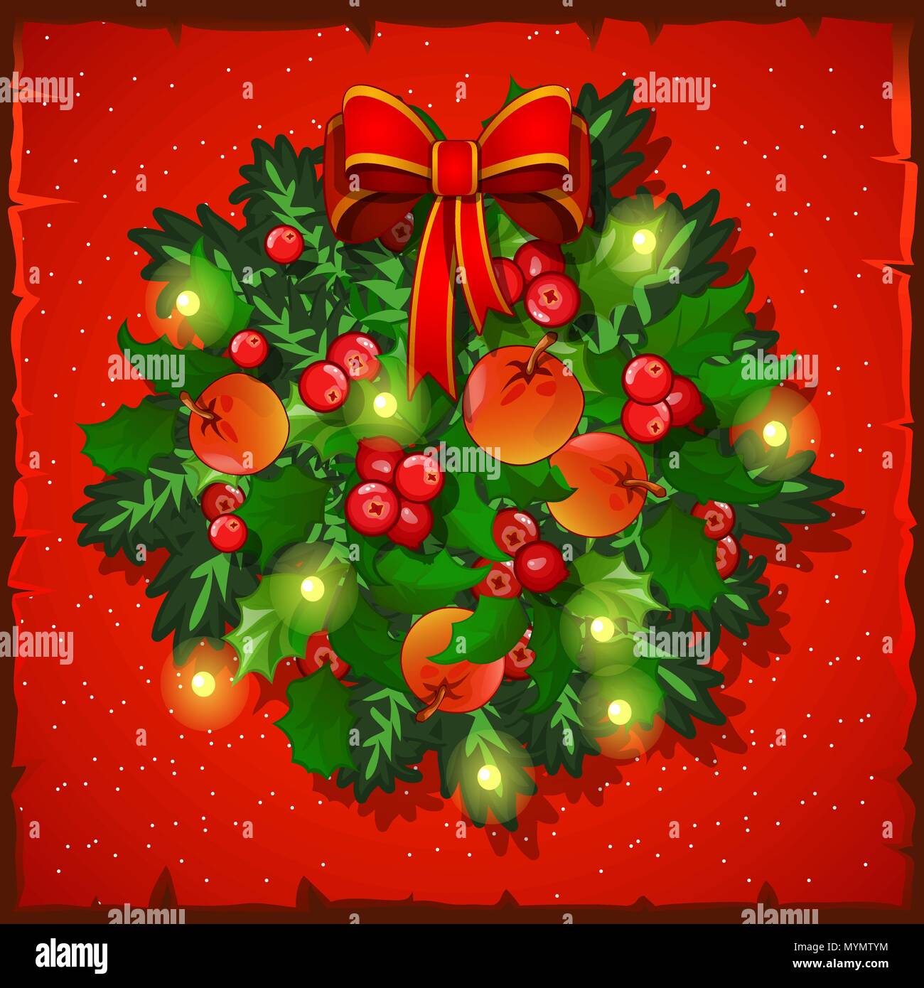 Template Christmas card. Festive wreath with bow. Vector illustration. Stock Vector