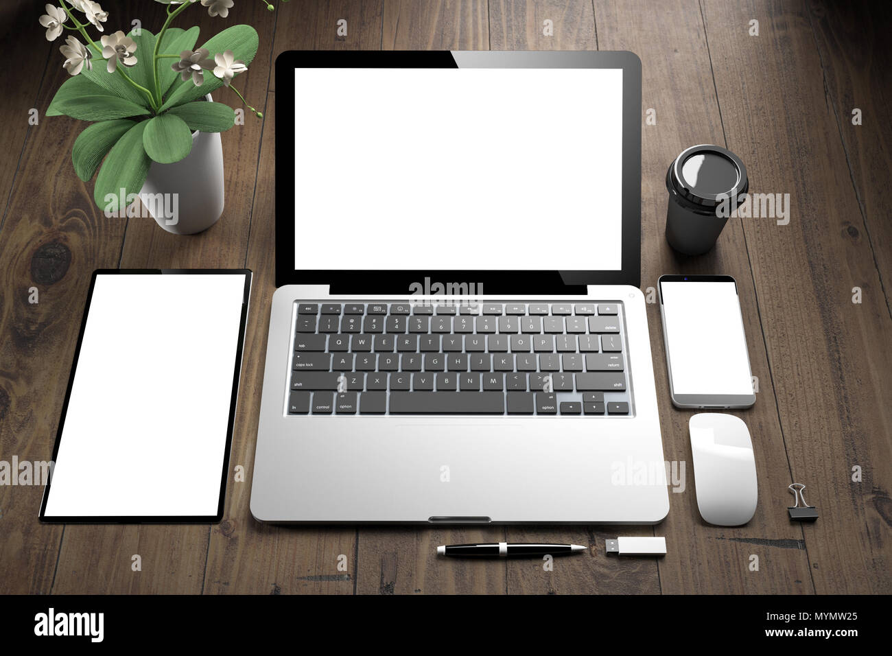 top view of white screen devices on wooden table 3d rendering Stock ...