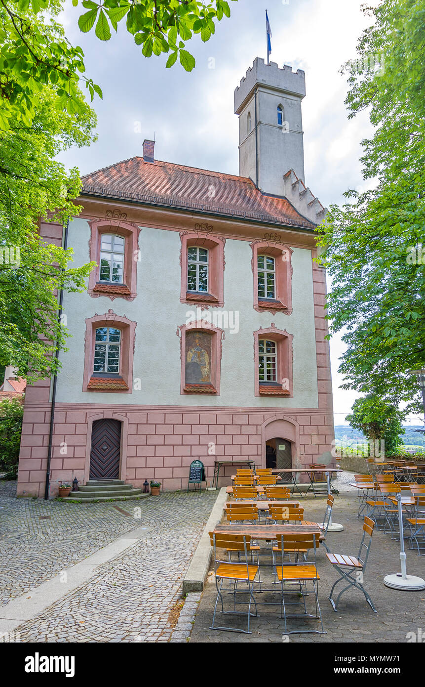 Popular restaurant destination on Veitsburg castle hill in Ravensburg, Baden-Wurttemberg, Germany. Stock Photo