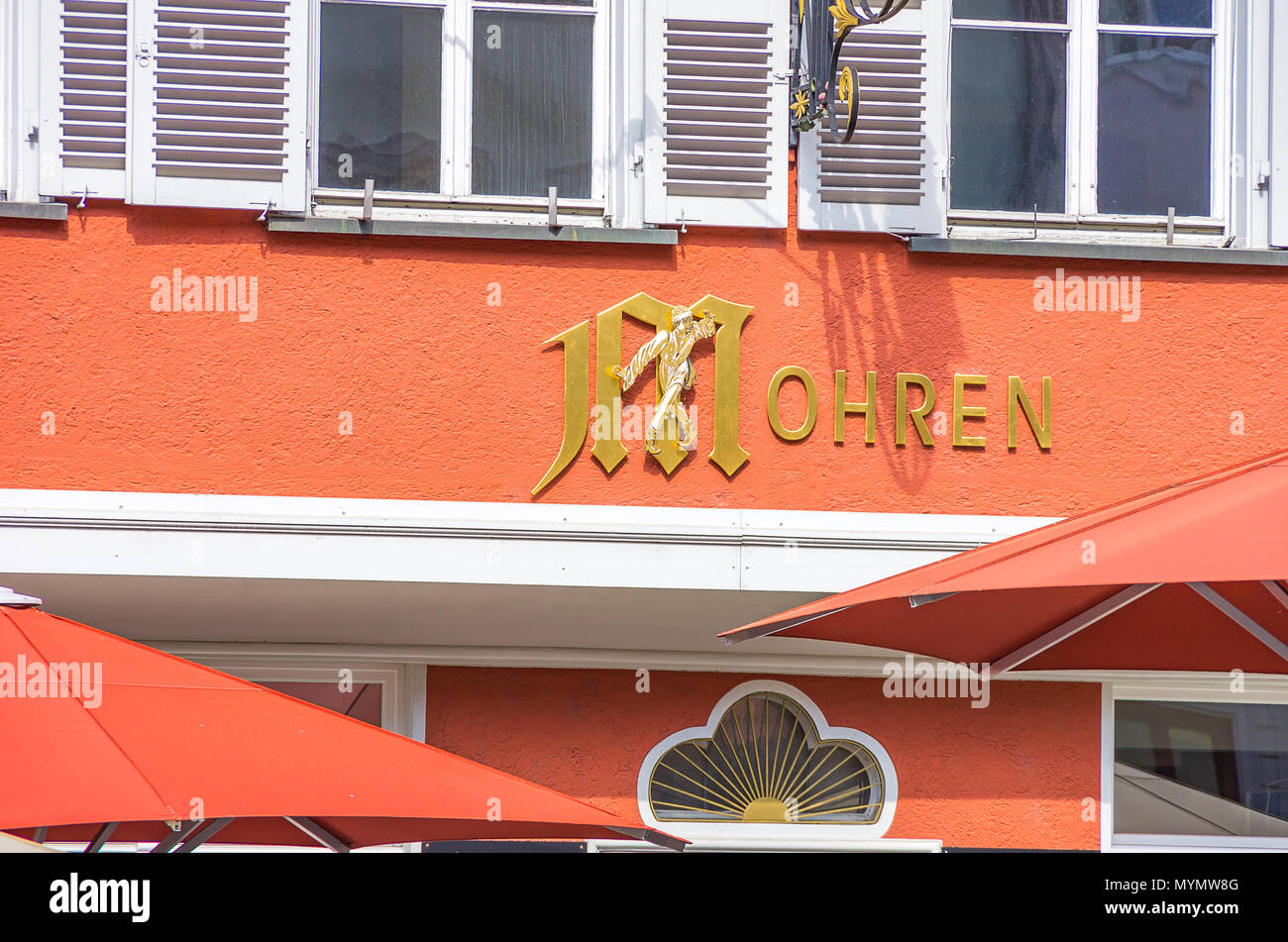Ravensburg, Baden-Wuerttemberg, Upper Swabia, Germany - Partial view of the exterior facade of the tavern Mohren. Stock Photo