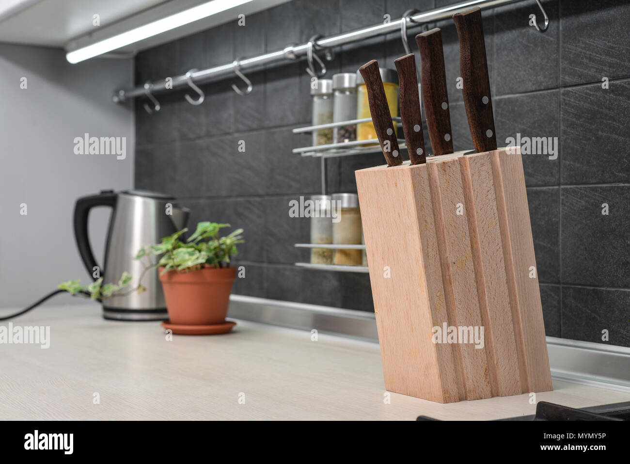 Kitchen utensils on work top, Stock image