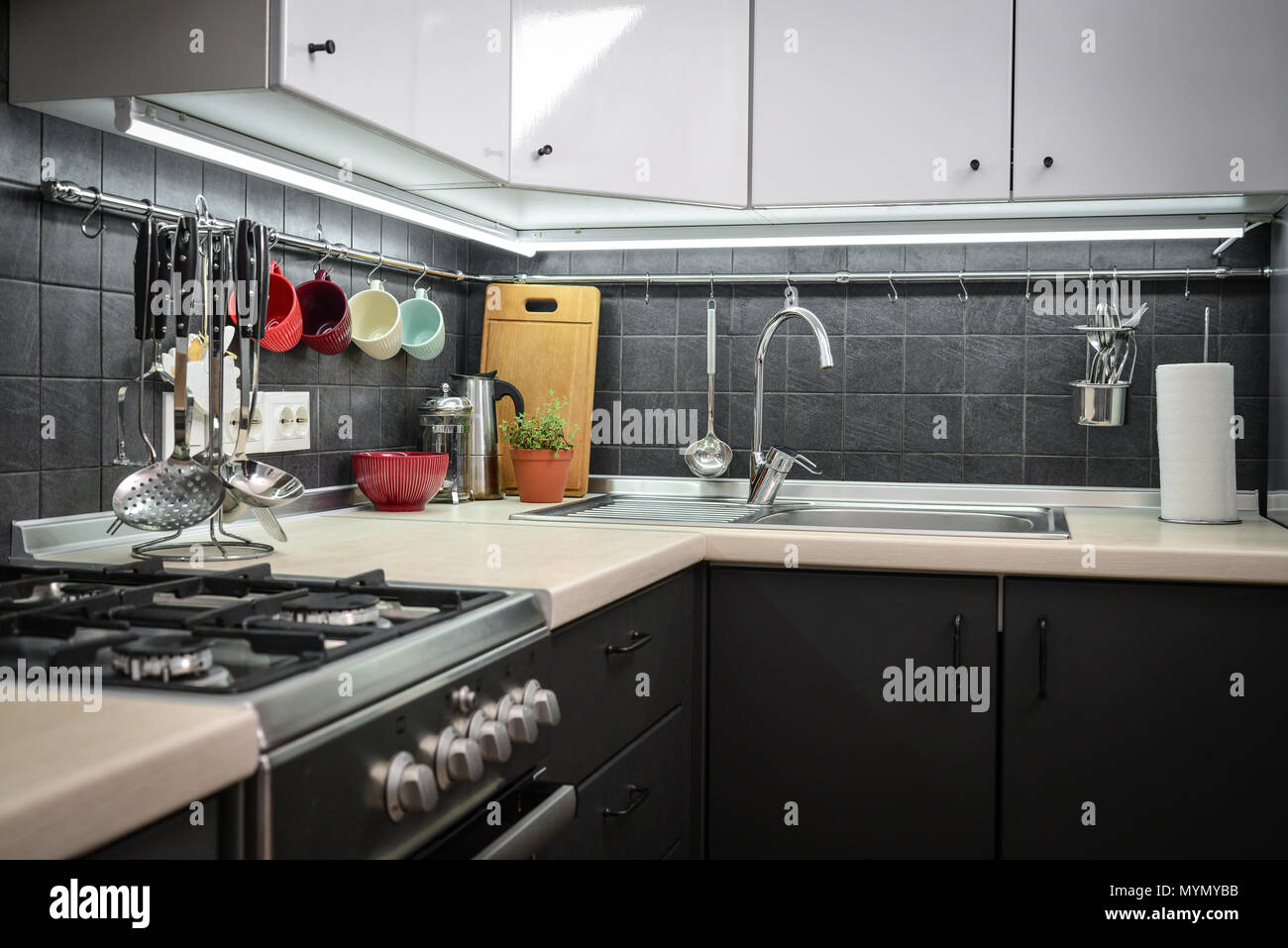 A Fragment Of The Modern Style Kitchen With Rail System And Kitchen Utensils And Houseplant Stock Photo Alamy