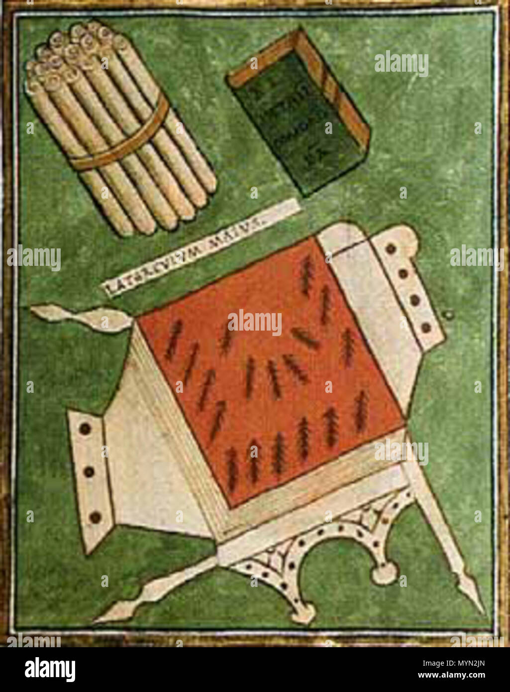 . English: Page from the Notitia Dignitatum, displaying the insignia and items associated with the office of primicerius notariorum, a late Roman palace chancery official. 15th century. Peronet Lamy (died 1453), based on Roman originals 392 Notitia Dignitatum - Primicerius notariorum Stock Photo