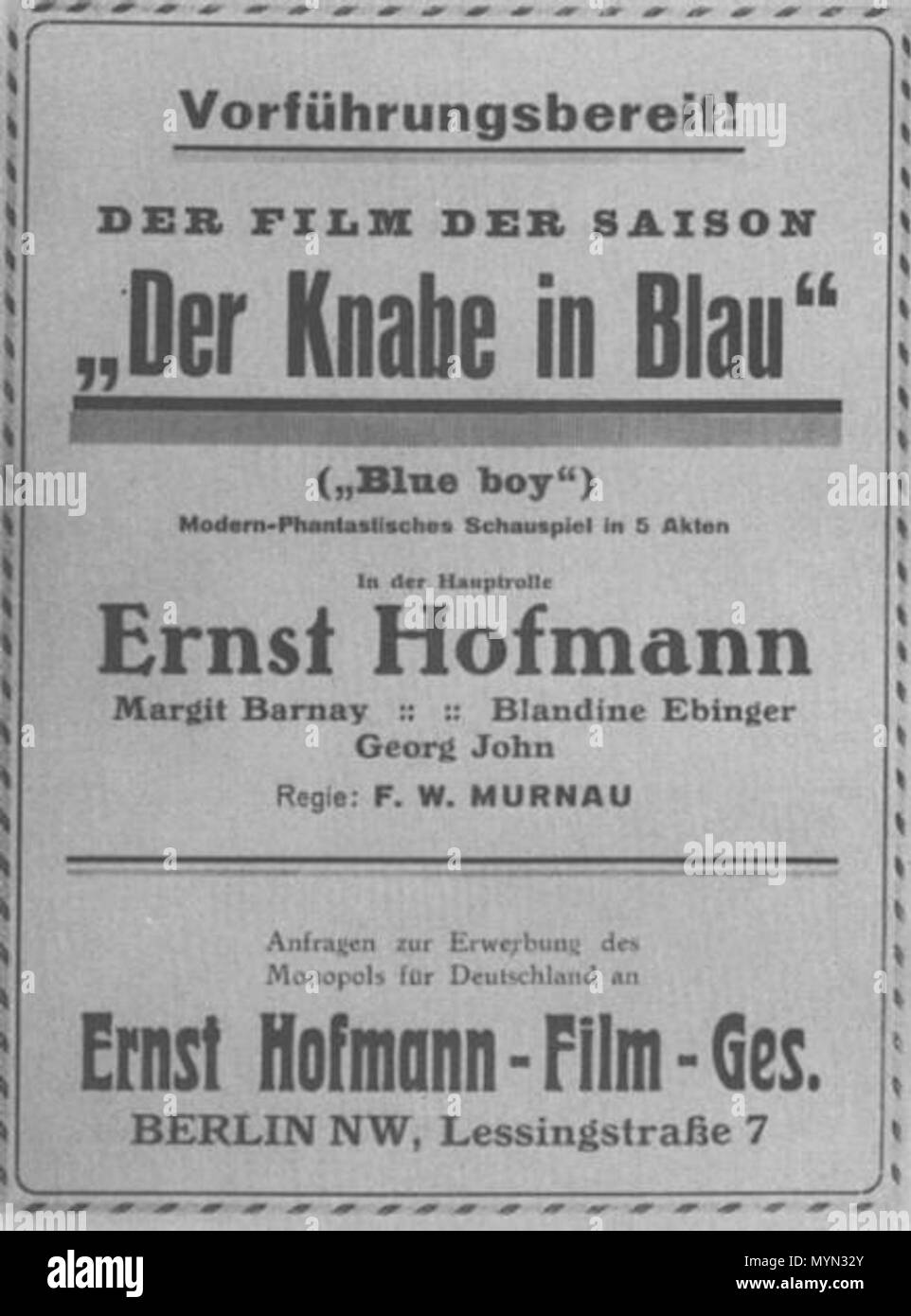 . English: Promotional poster of Murnau´s film 'Der Knabe in Blau' Português: Cartaz promocional de 'Der Knabe in Blau', filme de Murnau . 1919. unknown, probably Ernst Hofmann Film Geschäft; (Ernst Hofmann died in 1945) 393 O garoto vestido de azul 7 Stock Photo