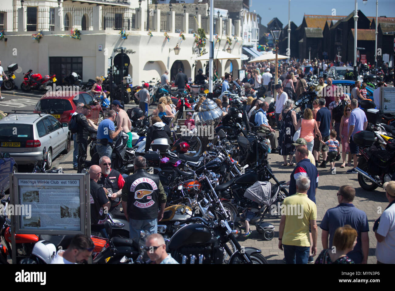 Motorcyclists from all over Europe meet at Hastings celebrating 40 years of the legendary Mayday Run at Bike1066. Britain’s biggest free-to-attend motorcycle festival, Mayday Bank Holiday weekend 2018  Featuring: Atmosphere, View Where: East Sussex, England, United Kingdom When: 07 May 2018 Credit: Wheatley/WENN Stock Photo