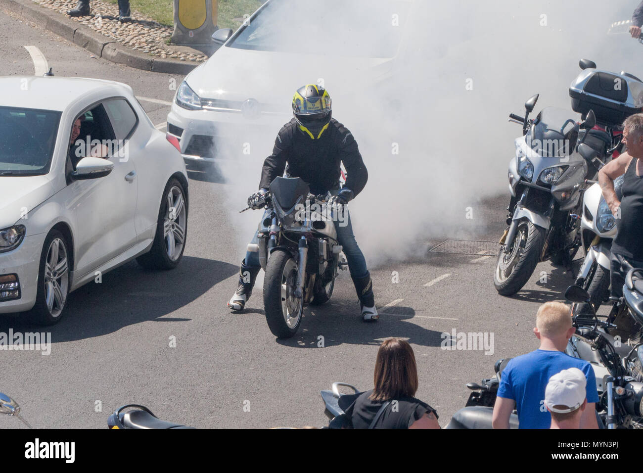 Motorcyclists from all over Europe meet at Hastings celebrating 40 years of the legendary Mayday Run at Bike1066. Britain’s biggest free-to-attend motorcycle festival, Mayday Bank Holiday weekend 2018  Featuring: Atmosphere, View Where: East Sussex, England, United Kingdom When: 07 May 2018 Credit: Wheatley/WENN Stock Photo