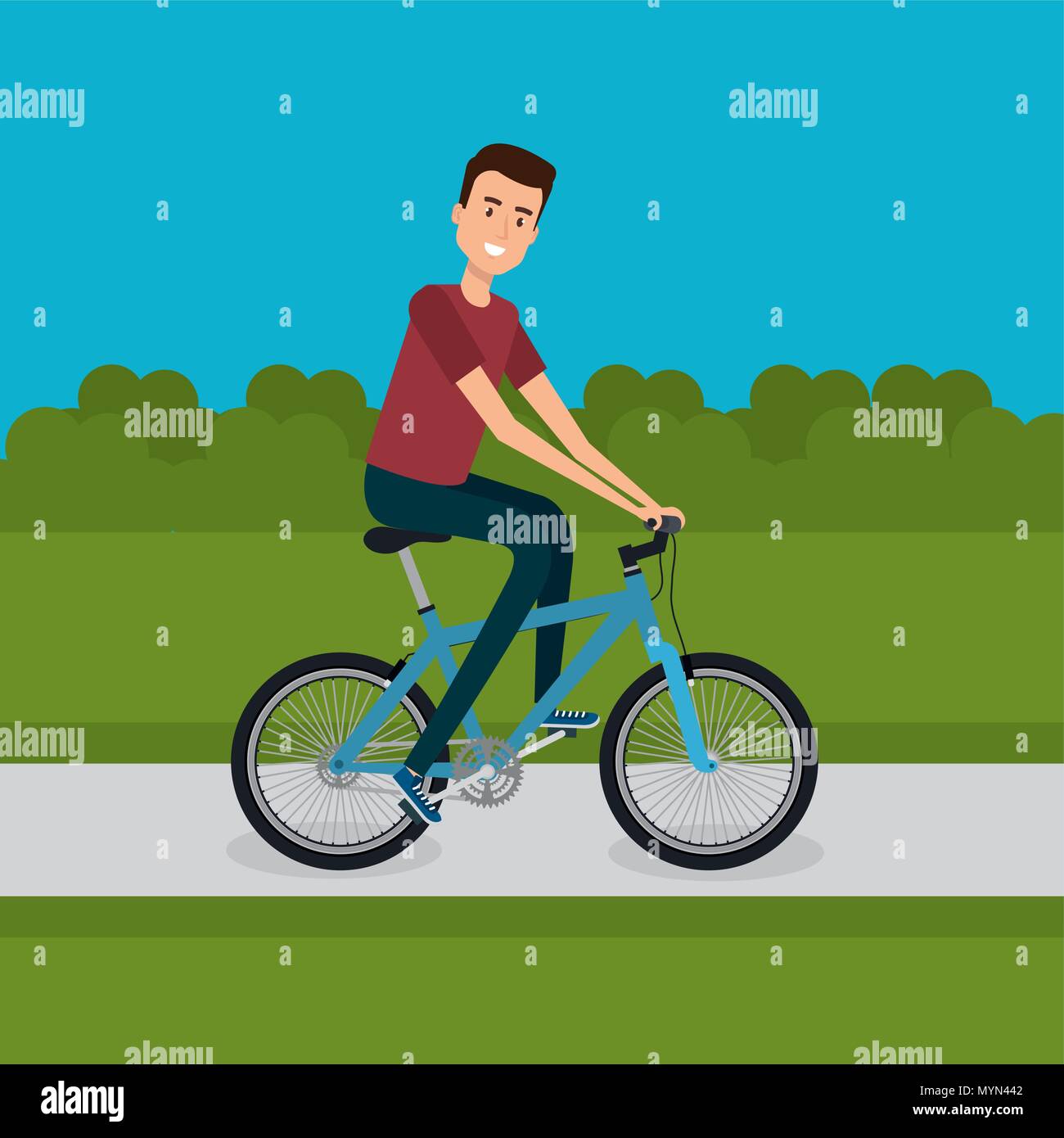 man with bicycle in the landscape vector illustration design Stock ...