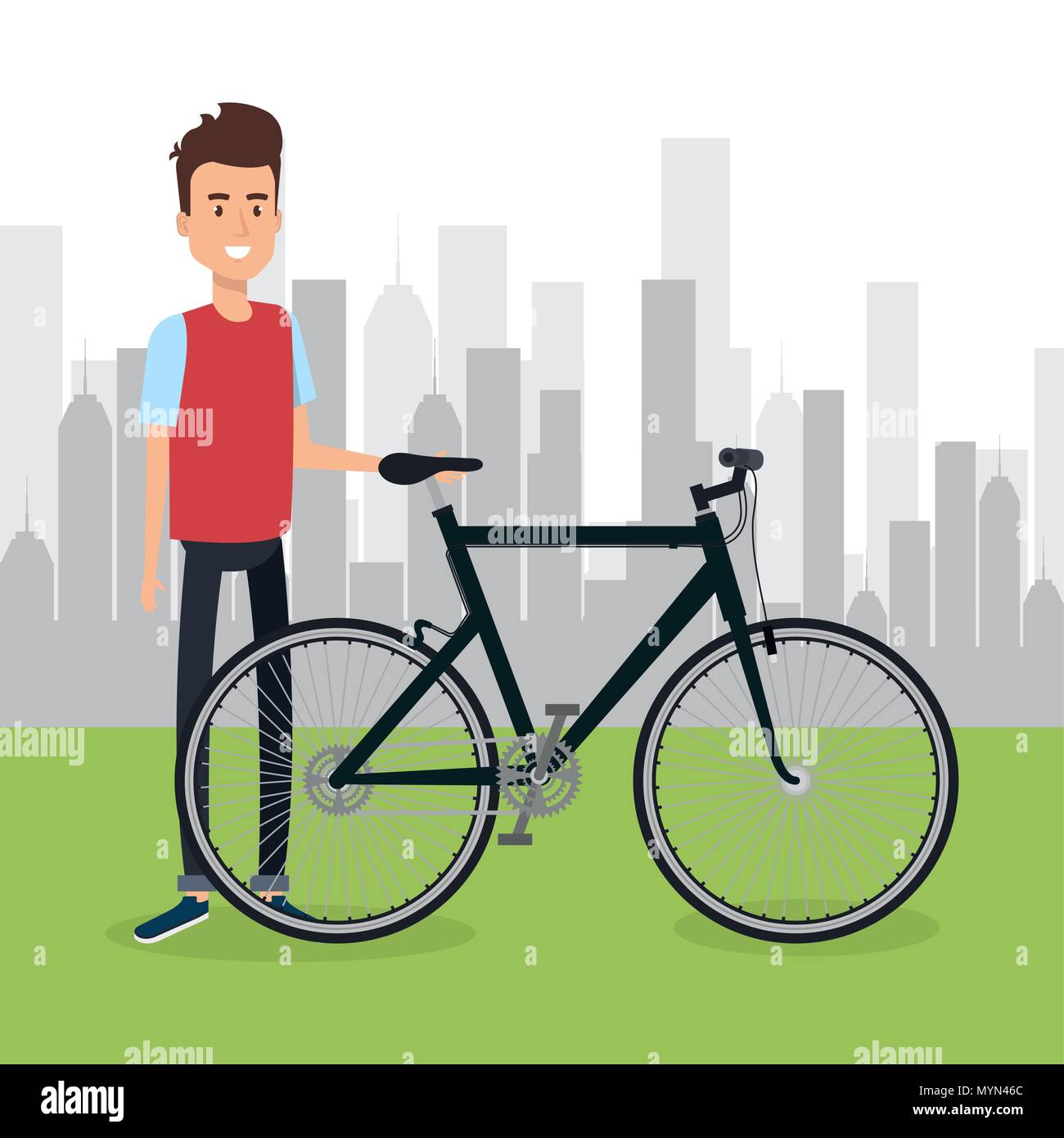 man with bicycle in the landscape vector illustration design Stock ...
