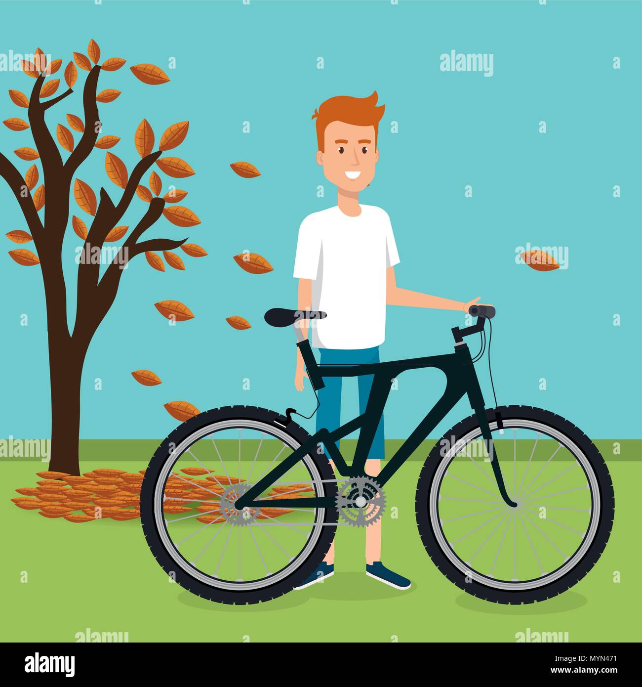 man with bicycle in the landscape vector illustration design Stock ...