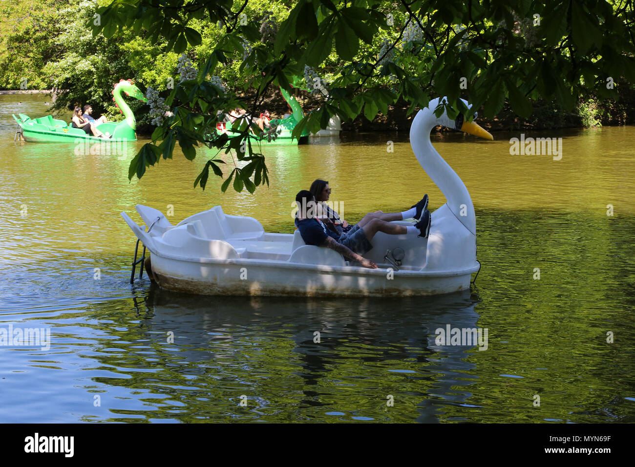 People enjoying in paddling boats in boating Lake at Alexandra Palace, north London during the record breaking May bank holiday heatwave.  Featuring: Atmosphere, View Where: London, United Kingdom When: 07 May 2018 Credit: Dinendra Haria/WENN Stock Photo