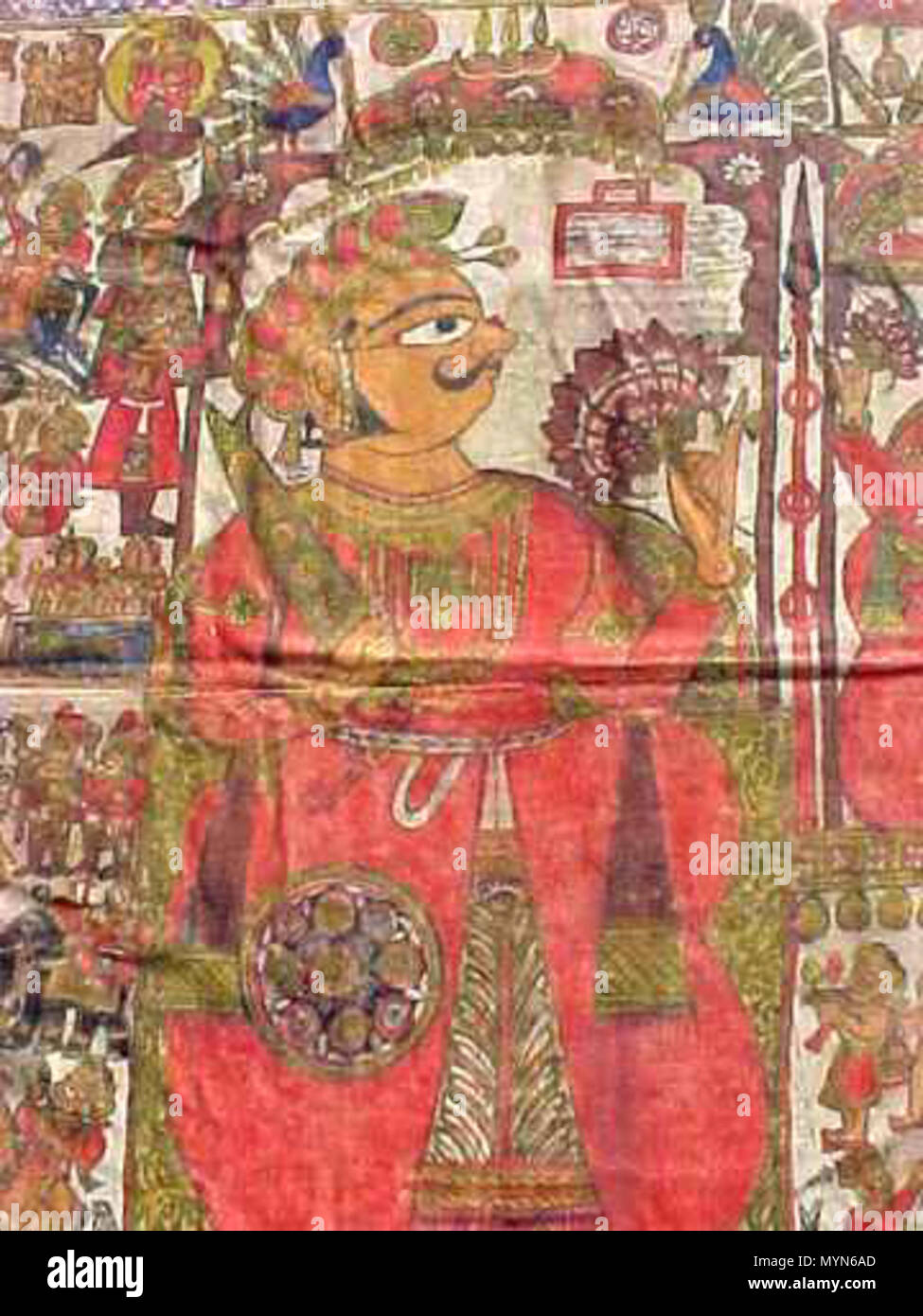 . English: A series of images of another par of Pabuji, this one from the early 19th century Source: ebay, April 2002 'This is an old (mid 1800s or earlier) Par. The painted textile is approximately 16 feet long and 55 1/2 inches wide. The story painting has been used to relay the story many times through the years and shows normal wear, especially on the bottom edge. There are some old repairs. The textile is made of two narrow pieces ( 26 3/4') sewen together. It appears to be an old linen-type material.' . early 19th century. Unknown 403 Pabuji2c Stock Photo