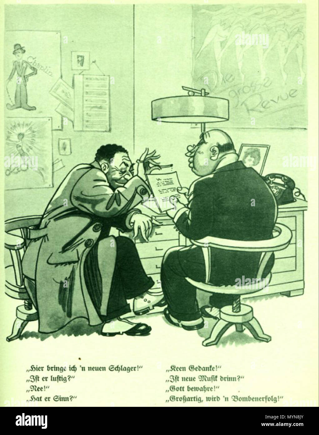 . English: joke by German artist Paul Simmel (1887- 1933) Deutsch: Karikatur von de:Paul Simmel (* 27. Juni, 1887 in Spandau; † 24. März, 1933 in Berlin . 1933. Paul Simmel, uploaded by Mutter Erde 411 Paul Simmel-Neuer Schlager Stock Photo