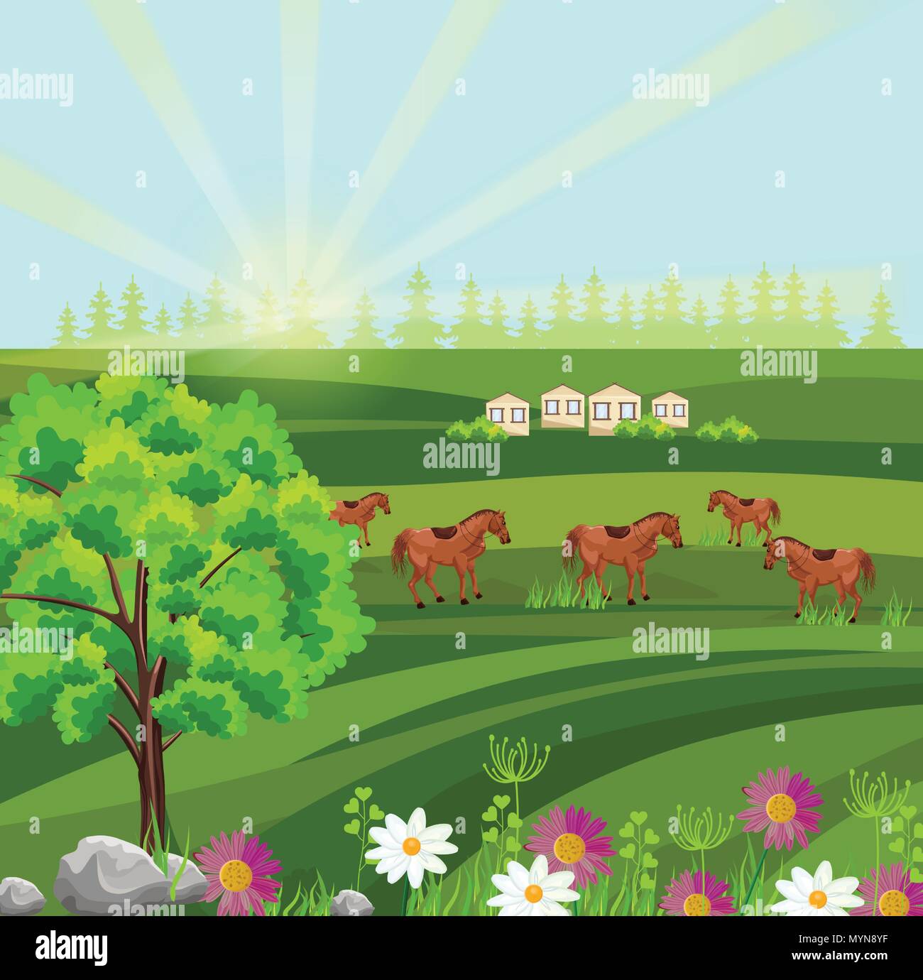 Horses on a green field Vector. Farm ville sunny summer day background Stock Vector