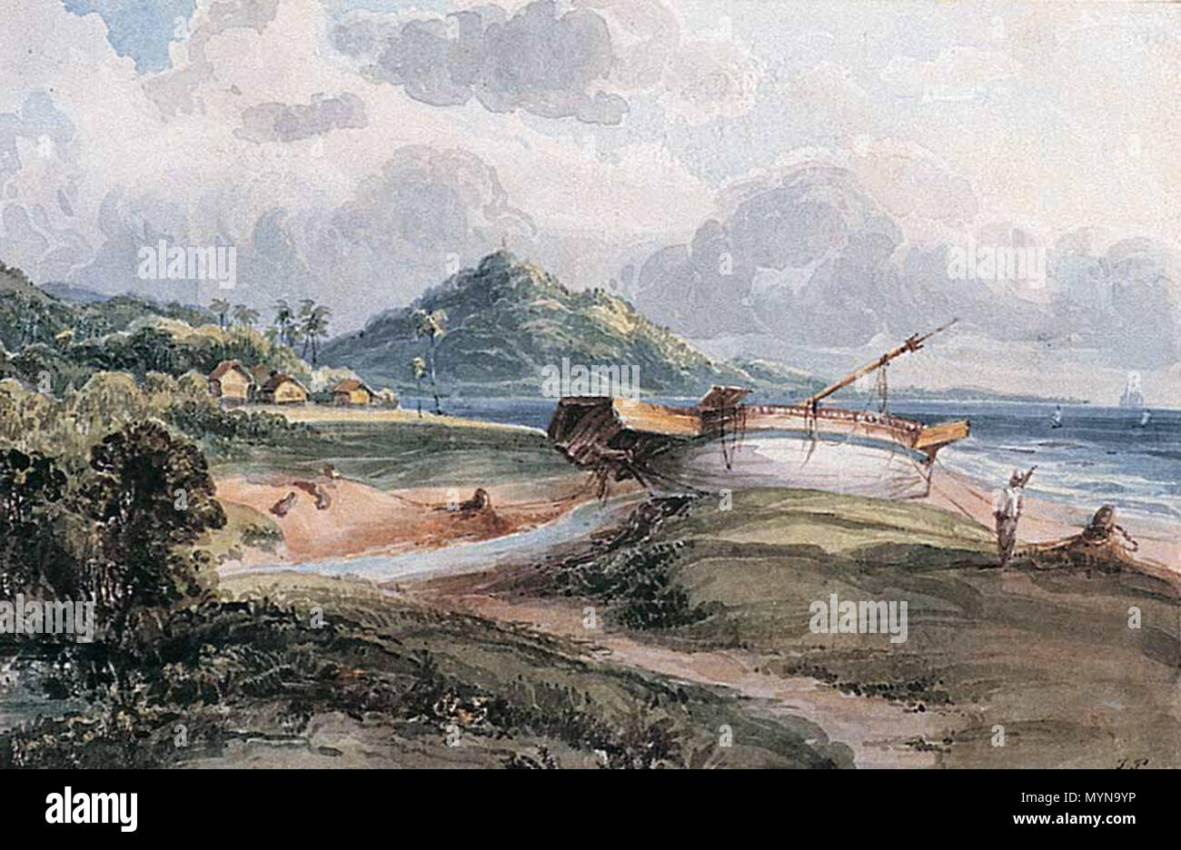 . English: Source: http://www.penangmuseum.gov.my/museum/sites/default/files/portfolio images/519.jpg Title: Mount Erskine Media: Watercolour Width: 213 mm (8.4 in) Height: 138 mm (5.4 in) Year of creation: 1824 Mode of acquisition: Purchased Spink & son 1981 . 1824. Penang State Museum and Art Gallery 415 Penang Museum historical painting 519 Stock Photo