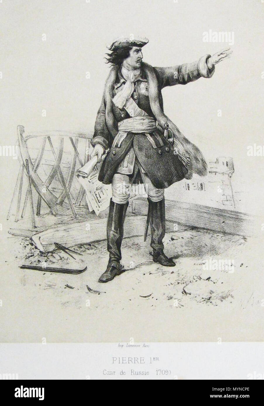 . Russian tsar Peter I The Greate in 1709. French engraving of XIX c. middle of XIX c.. french artist Lemersoue 417 Peter I of Russia in 1709 Stock Photo