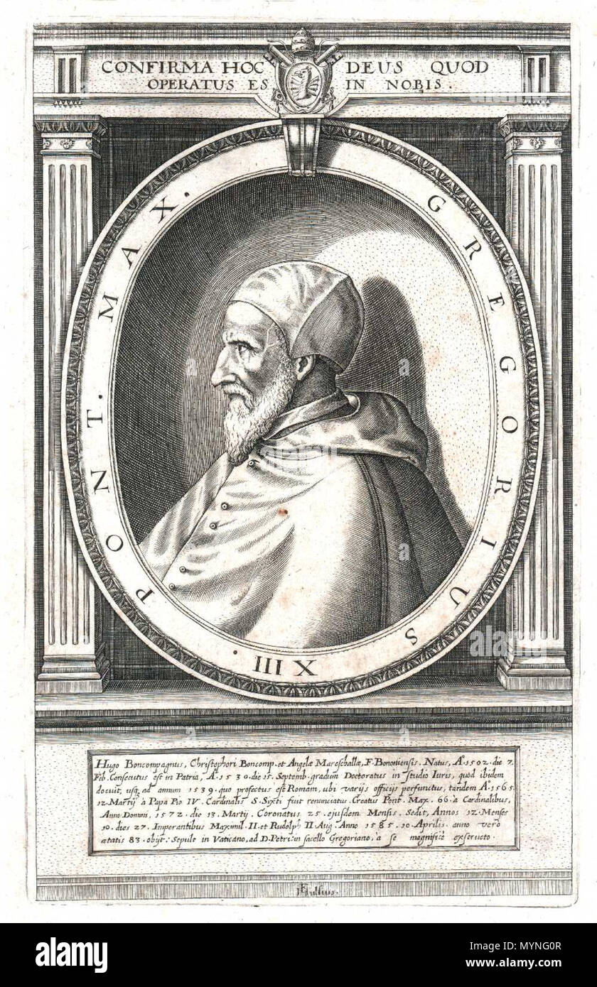 . Gregory XIII, Pope (1502 - 1585) . early 17th c..   Esaias van Hulsen  (1570–1624)    Description Dutch engraver  Date of birth/death 1570 1624  Location of birth/death Middelburg Stuttgart  Work location Frankfurt (1612); Nuremberg; Stuttgart (1613 - 1626)  Authority control  : Q19753310 VIAF: 61539586 ISNI: 0000 0000 8140 2466 ULAN: 500057104 LCCN: n79103078 GND: 117056219 WorldCat    (presumably) 430 Pope Gregory XIII Stock Photo