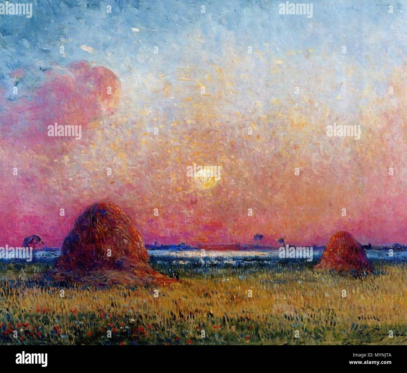 Wheatstack Poster . Wheat Stack at Sunset . English: Oil painting reproduction of ...