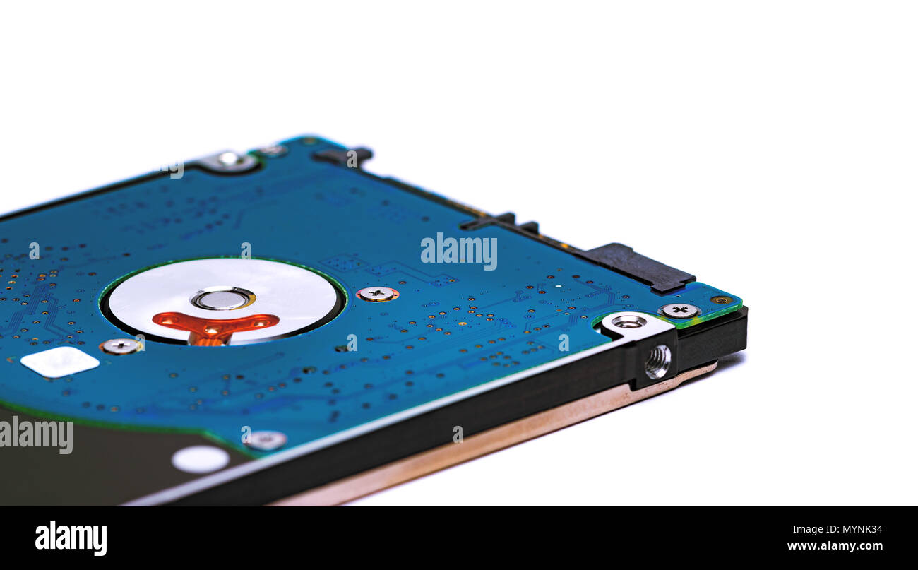 Laptop Notebook HDD hard disk drive interior isolated on white background Stock Photo