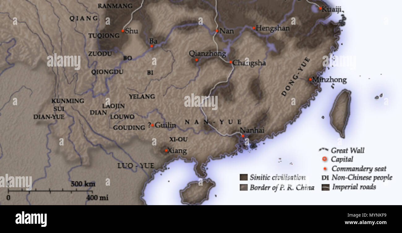 . Tiếng Việt: Bản đồ các khu vực lẻ tẻ do nhà Tần chiếm được của các nhóm tộc Bách Việt ở phía Nam sông Dương Tử (Trường Giang) sau năm 210 TCN. 28 December 2015. Itsmine 443 Qin Empire in the south of Yangtze River (210 BC) Stock Photo