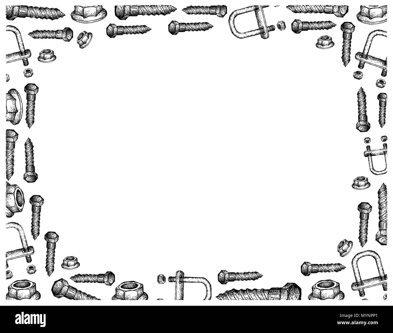 Manufacturing and Industry, Illustration Hand Drawn Sketch Frame of Flange Nut, Lag Bolt and U
