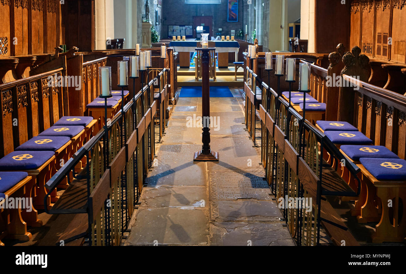 Choir stalls in St Mary’s Priory Church in Abergavenny, Wales Stock Photo