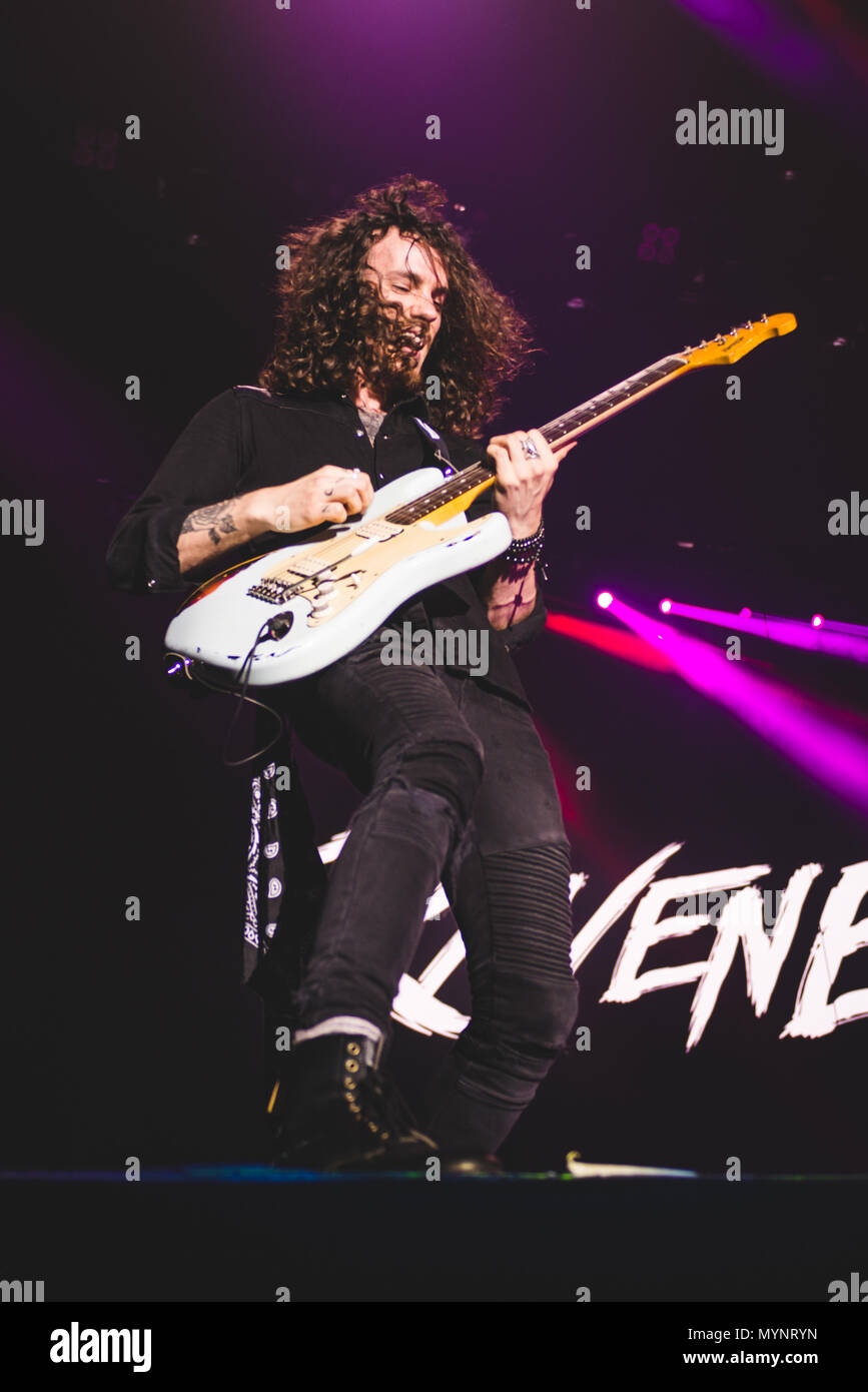 Italy: 2017 February 2nd: The English rock band Raveneye pictured performing live on stage at the Pala Alpitour, opening for the Kiss' World Tour 2017 Stock Photo