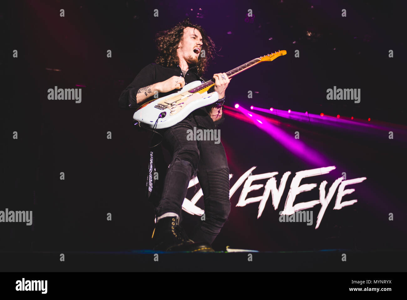Italy: 2017 February 2nd: The English rock band Raveneye pictured performing live on stage at the Pala Alpitour, opening for the Kiss' World Tour 2017 Stock Photo