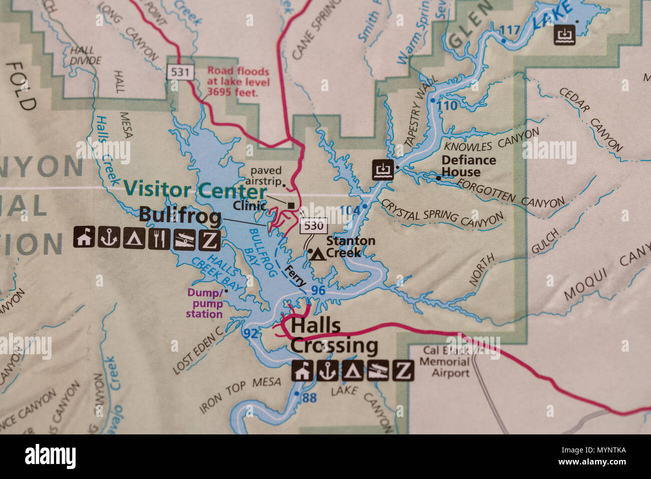 Travel planning accessories, trip to USA, Lake Powell area, map detail of Lake Powell, AZ Stock Photo