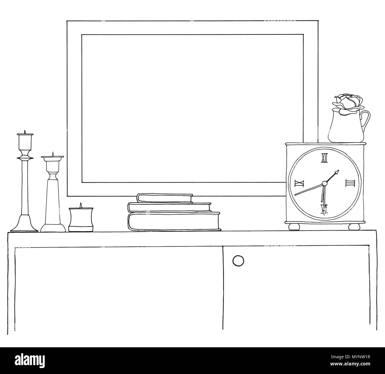 Sketch of the interior. A table, a bedside table, a shelf with various interior items. Can be used as a mock up. Frame for your graphics. Stock Vector