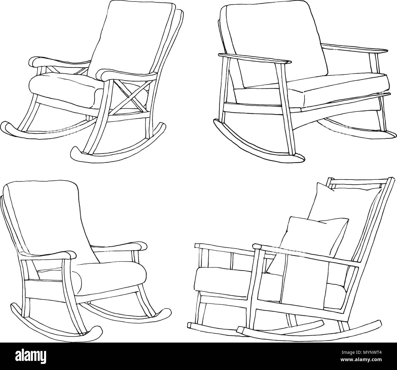 Set of rocking chairs isolated on white background. Sketch a comfortable chair. Vector