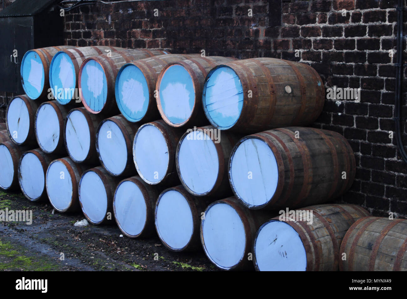 Whiskey barrel outside the distillery Stock Photo Alamy