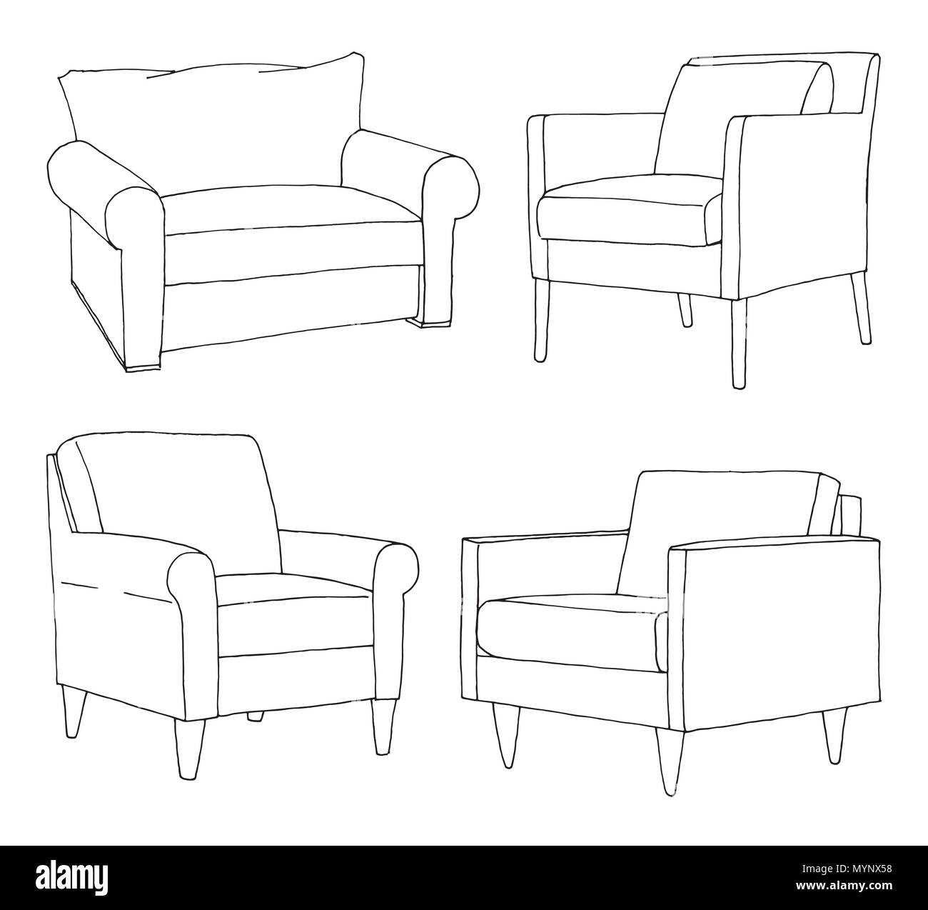 Set of different soft armchairs. Linear sketch. Vector illustration. Stock Vector