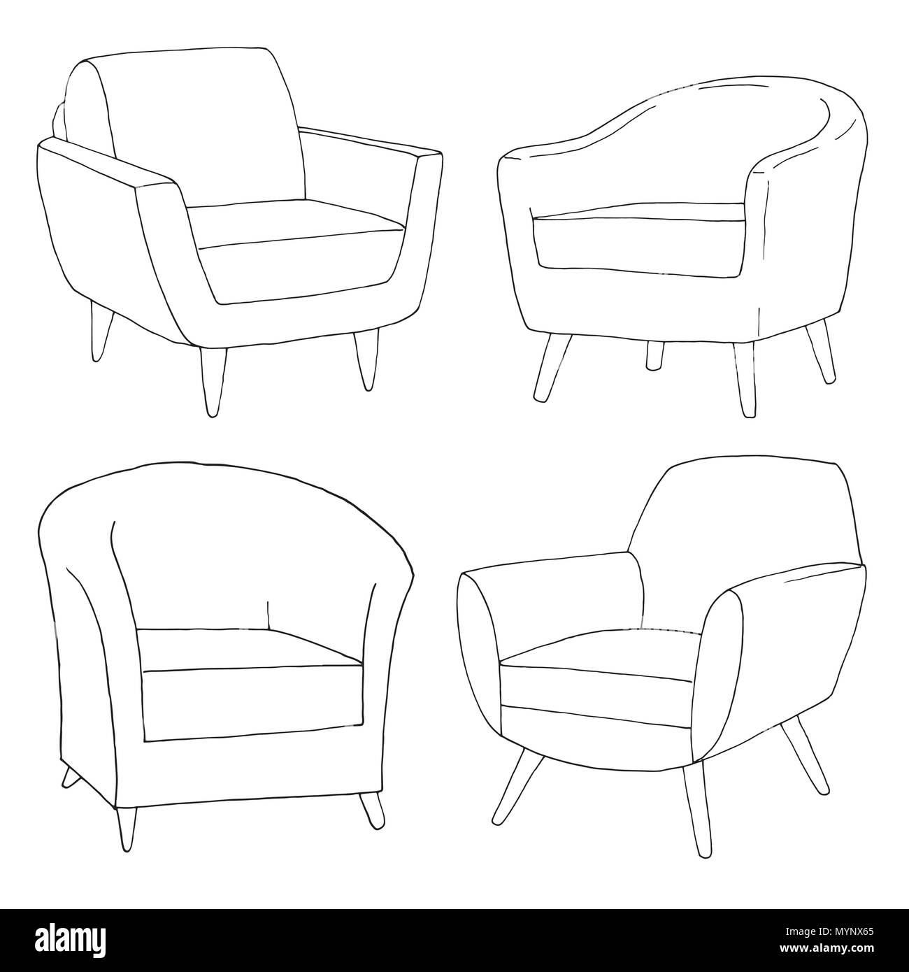 Set of different soft armchairs. Linear sketch. Vector illustration. Stock Vector
