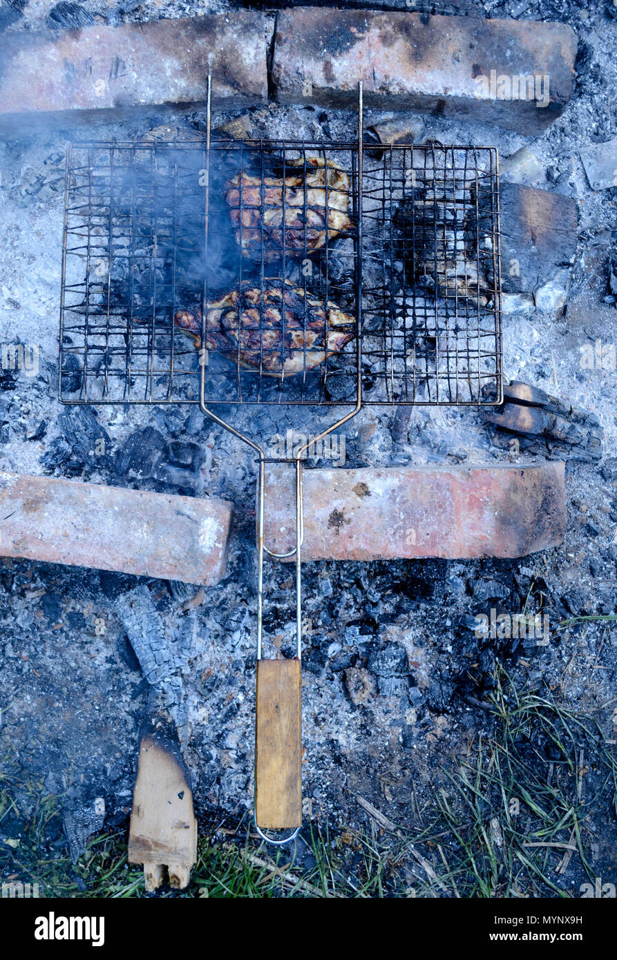 Two pieces of chicken in barbecue grill and fried on coals. Top view. Blue tone picture. Vertical frame. Stock Photo