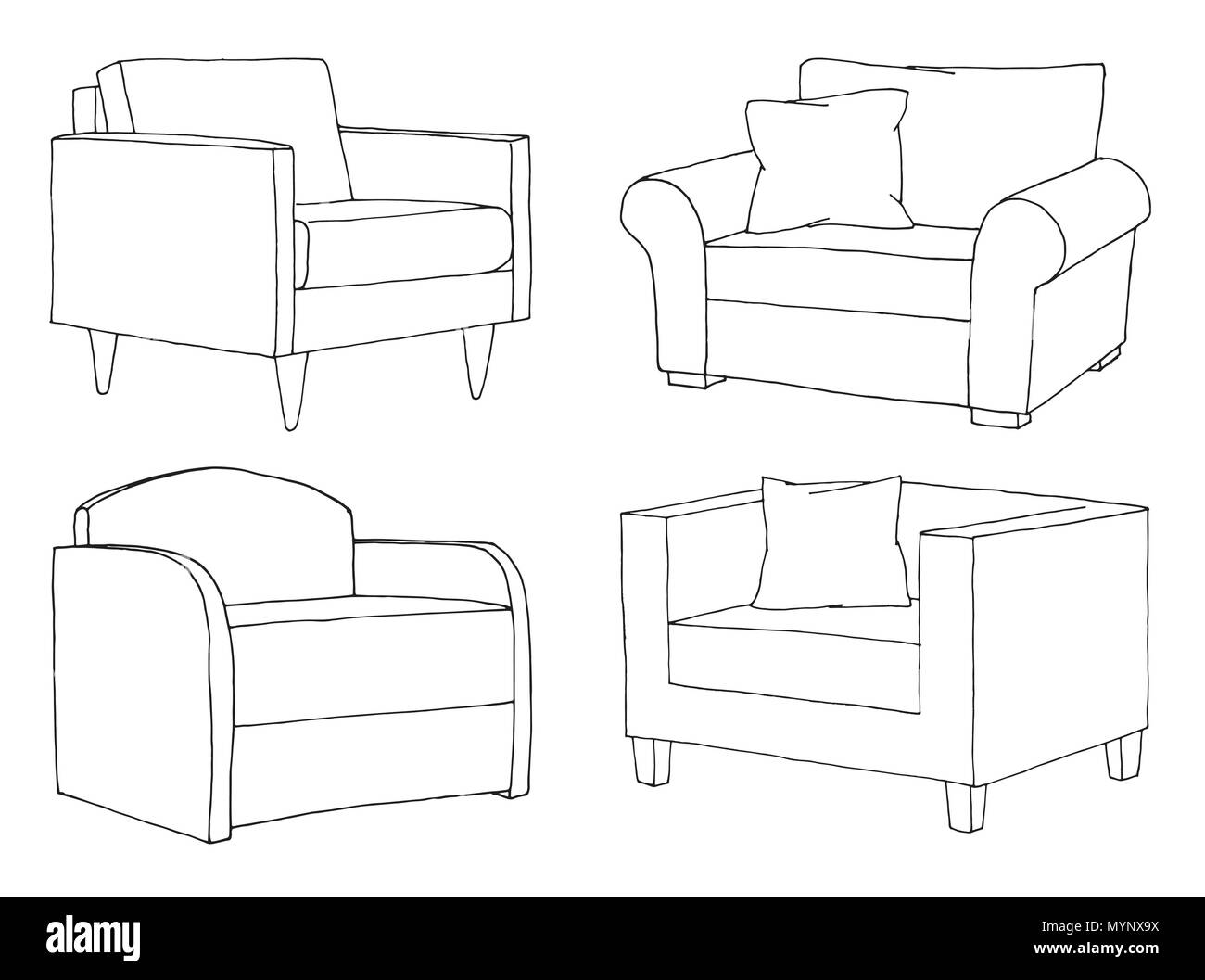 Set of different soft armchairs. Linear sketch. Vector illustration