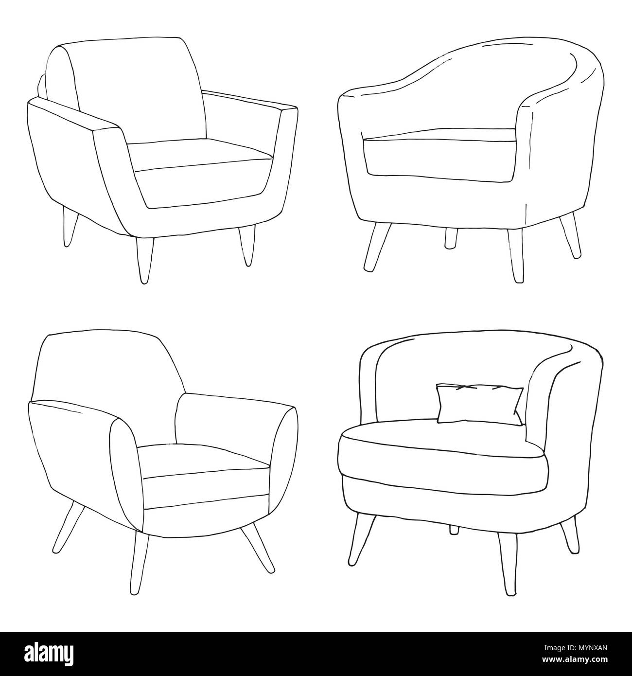 Set of different soft armchairs. Linear sketch. Vector illustration. Stock Vector