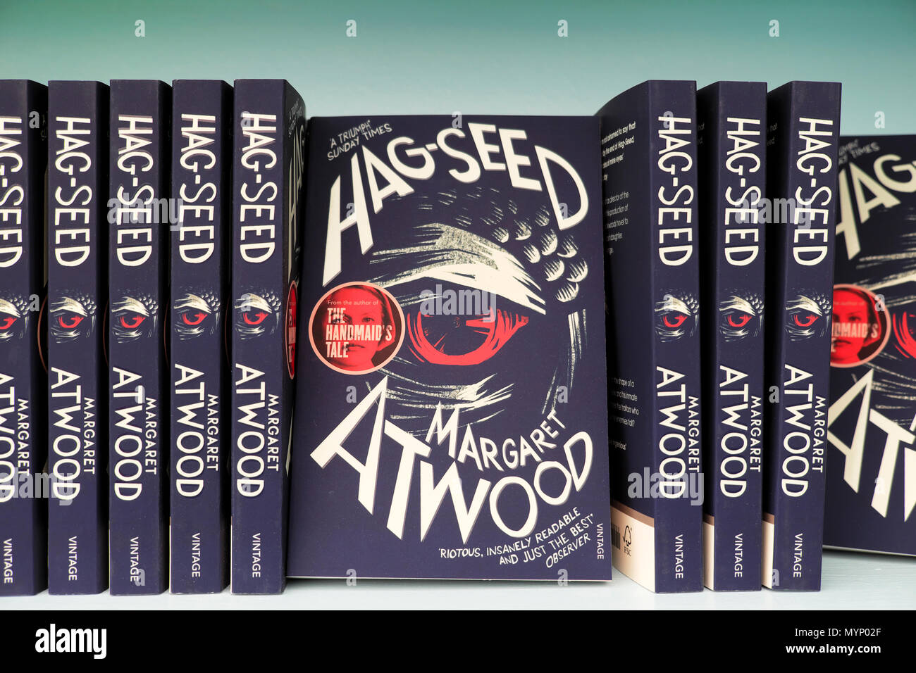 Margaret Atwood books and book cover of  'Hag-Seed' at the Hay Festival 2018 bookstore in Hay-on-Wye UK   KATHY DEWITT Stock Photo