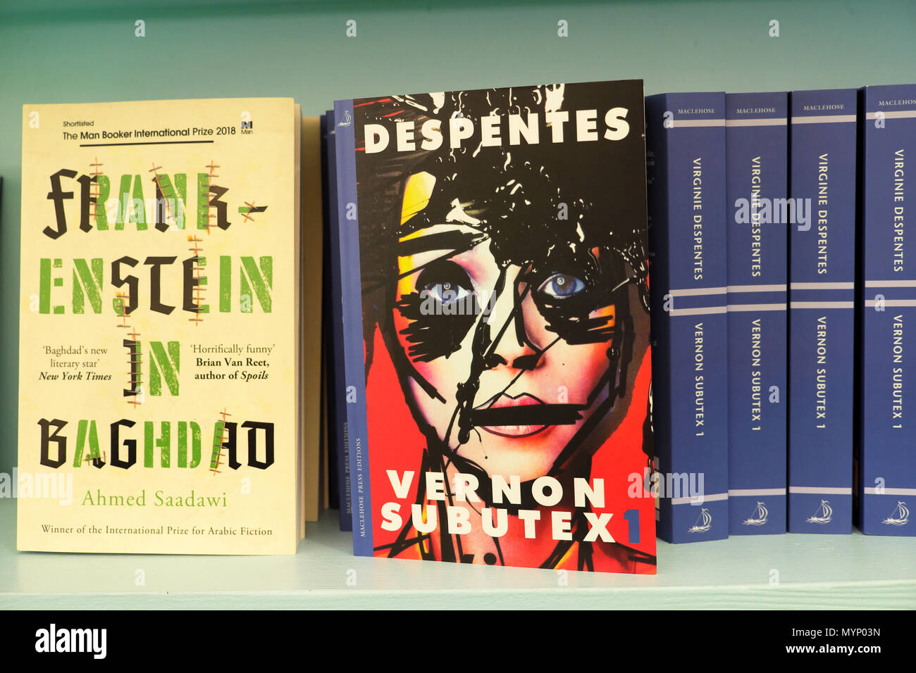 Book cover of  Ahmed Saadawi 'Frankenstein in Baghdad' & Vernon Subutex 'Despentes' at the Hay Festival 2018 bookstore in Hay-on-Wye UK   KATHY DEWITT Stock Photo