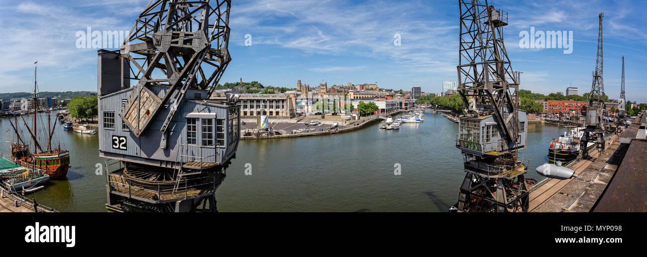 Panorama of Bristol Harbour, with The tall ship Matthew and old Harbour cranes in Bristol, UK on 6 June 2018 Stock Photo