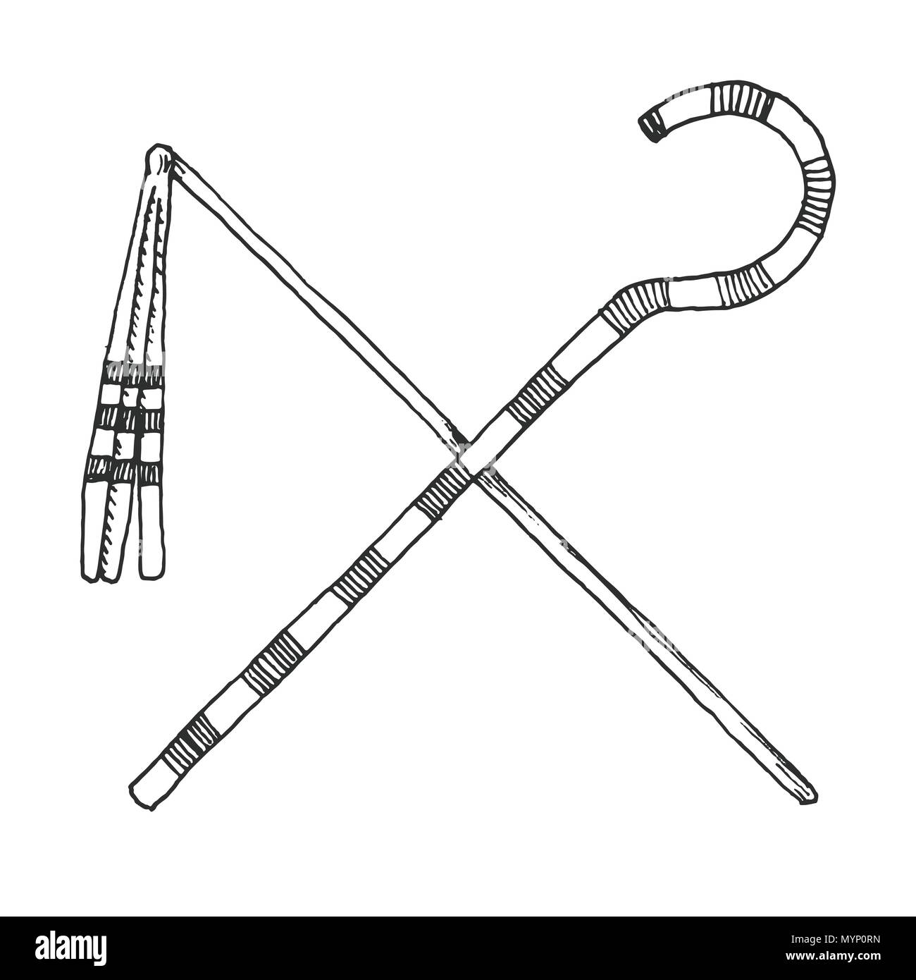 Sketch a Crook And Flail, originally th attributes of the god Osiris that became insignia of pharaonic authority. Stock Vector