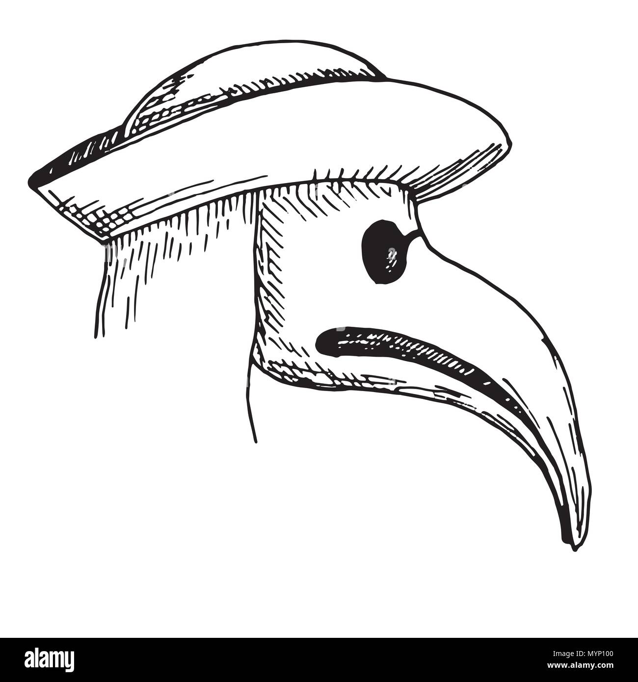 Sketch plague doctor head profile, with bird mask and hat. Stock Vector